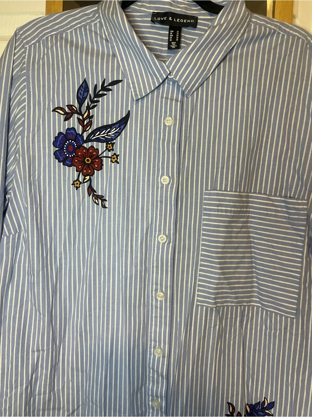 Size 22, Love & Legend Blue Striped Button-Up Shirt with Floral Embroidery - Picture 3 of 15